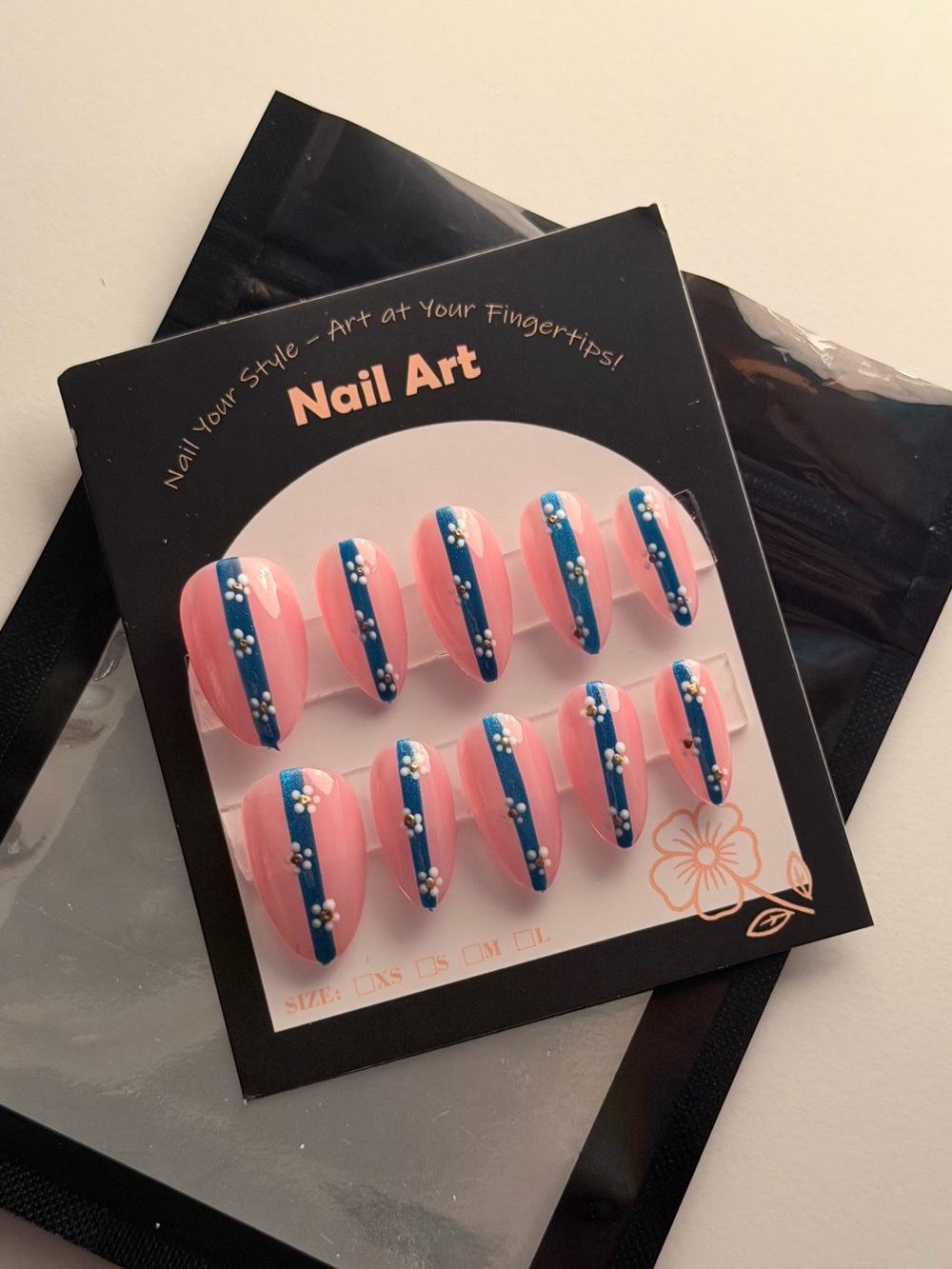 Pink Press-On Nail Set with Blue Stripe & White Flower Accents